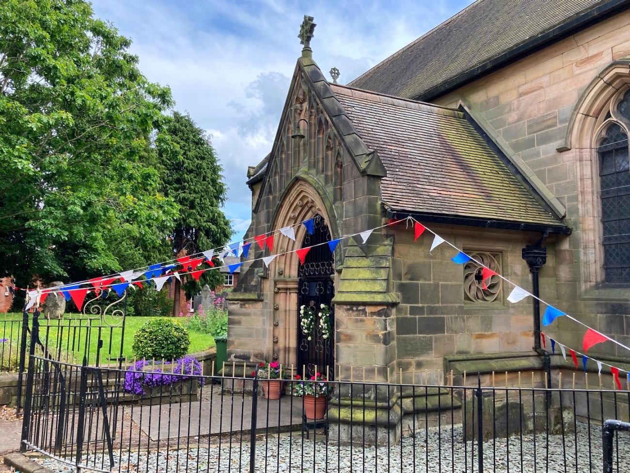 Photograph of St Werburgh's decorated for the Queen's Platinum Jubilee
